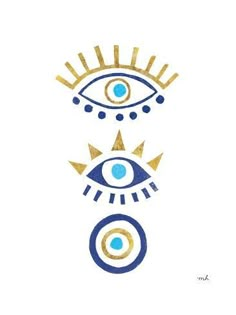 an evil eye with gold and blue accents on it, in the middle of a white background