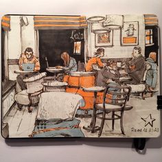 a drawing of people sitting at tables working on laptops in a restaurant with orange walls