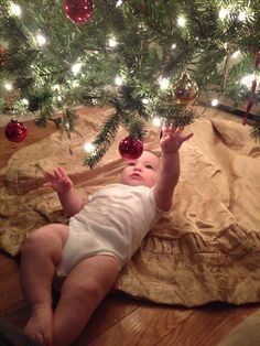 a baby is laying under a christmas tree