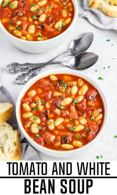 two bowls of tomato and white bean soup with bread on the side