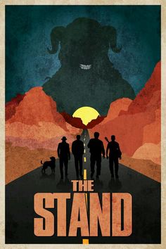 the stand movie poster with silhouettes of people walking down a road in front of a giant