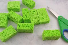 some green sponges are next to a pair of scissors