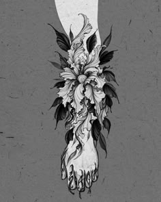 a black and white drawing of a woman's hand with flowers in the middle