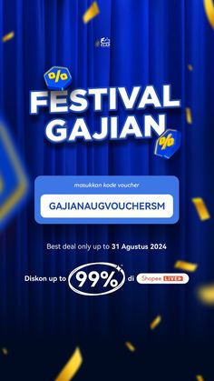 an advertisement for the festival gajaan with blue curtains and gold confetti