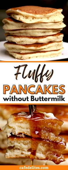 pancakes stacked on top of each other with buttermilks in the middle and maple syrup drizzled over them