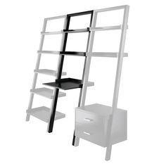 a white shelf with black shelves and drawers next to a white wall mounted shelving unit