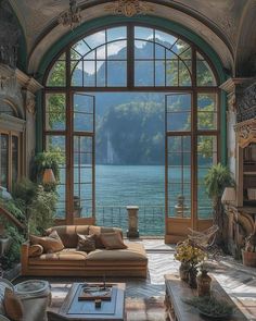 a living room filled with furniture next to a large window covered in windows overlooking the water