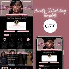 the website design for beauty boutiques is shown in pink and black colors, with an image of a woman's face on it