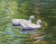 an oil painting of two white ducks swimming in the green water with trees behind them