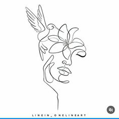 a line drawing of a woman's face with flowers in her hair and the words,