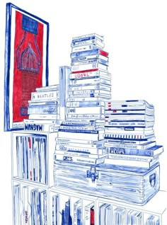 a drawing of stacks of books on a shelf