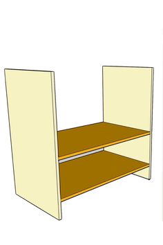 a drawing of a shelf with two open shelves on each side and one closed drawer at the top