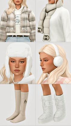 four different images of the same woman in winter clothing and headphones, all with white hair