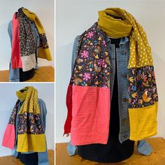 Scarf women Funky Clothes, Patchwork Scarf, Funky Outfits, Handmade Scarves, Scarf Women, Sewing Ideas, Fabric Scraps, Sewing Hacks, Plaid Scarf