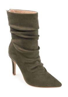 A slouchy bootie with a pointed toe and a shapely silhouette. The Markie by Journee Collection has vegan leather uppers with a rear zipper entrance for a flirty look. This wide-width style is grounded by a slim stiletto heel and a cushioned footbed. | Journee Collection Women's Markie-Wd Booties, 7.5W Dress Booties, Pointed Heels, High Heel Boots Ankle, Pointed Toe Heels, Journee Collection, Ankle Bootie, Womens Ankle Boots, Sky High, Mid Calf Boots