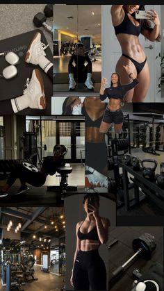 a collage of photos showing different types of women's body and exercise equipment