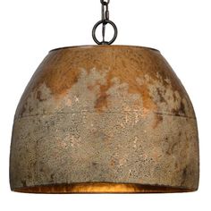 a light fixture hanging from a chain on a white background, with rusted paint