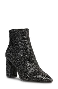 Betsey Johnson Cady Crystal Pavé Bootie (Women) | Nordstrom Blue By Betsey Johnson, Sparkly Party, Dress Booties, Black Block Heels, Betsey Johnson Shoes, Dressy Fashion, Block Heel Ankle Boots, Glitz And Glam, Black Rhinestone