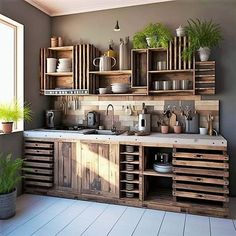 a kitchen filled with lots of wooden crates and pots on top of it's counters