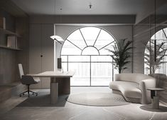 a living room filled with furniture next to a large arched window in front of a white table