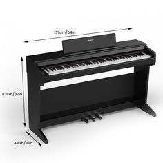 a black piano with measurements for the top and bottom