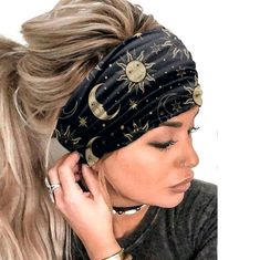 Black Sun, Moon And Stars 5.9" X 9.4" 100% Polyester Sun Moon And Stars, Headband Women, Boho Headband, Moon And Stars, Sun Moon, Head Scarf, Boho Style, Boho Fashion, Hair Accessories