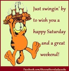 garfield the cat is jumping up and down with his arms in the air, saying just swingin'by to wish you a happy saturday and a great weekend