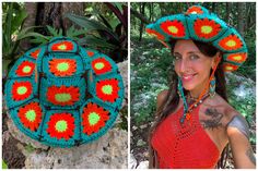 Flower of the Desert :: Flower Power Crochet Cowboy // Cowgirl Hat  Ready to ship! I made all granny squares for this hat in turquoise teal, orange and neon yellow colors, and the same flower power style as the last crochet hats I made.  Do you prefer another style? Which style do you like more: 1 (Crochet Patchwork), 2 (Flower Power), 3 (Fuschia Flower Power), or 4 (Flower of the Desert)? Message me to customize your order.  I would love to make this in different colors or styles; I can even ma Green Crochet Festival Hat, Green Bohemian Hat, Green Bohemian Crochet Bucket Hat, Handmade Green Bohemian Hats, Green Bohemian Crochet Hat For Festivals, Green Brimmed Crochet Hat For Festival, Green Bohemian Crochet Hat For Vacation, Funky Handmade Beach Hats, Handmade Funky Beach Hats