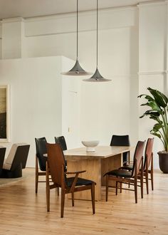 a dining room table surrounded by chairs and a potted plant