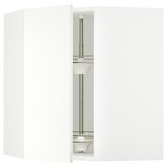 an open white cabinet with a toilet in it