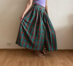 Vintage Birgitta Skirt Green Red Plaid Skirt Checkered Button up High Waist Knee Length Lined  Label size: C 42 Shown on model S/M Measurements: Length: 36.5"/ 93 cm Waist: 15 3/4"/ 40 cm (lying flat) Condition: Great Vintage Condition Material: 100%acetate N.B. Color may slightly differ from picture Please check measurements to insure a proper fit. Remember to allow yourself some extra room for movement. You can compare these with something from your closet that fits you well. SHIPPING * I ship Red Buttoned Skirt, Red Plaid Skirt, Vintage Rock, Extra Room, Plaid Skirt, Green Skirt, Plaid Skirts, Red Plaid, Knee Length