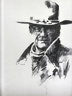 a black and white drawing of a man wearing a cowboy hat