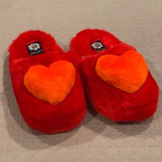 Red Plush With Orange Heart Dimensional Orange Heart Fabric Upper Size 4 Red Round Toe Slippers For Winter, Red Round Toe Winter Slippers, Winter Red Round Toe Slippers, Red Synthetic Slippers, Red Round Toe Slippers For Indoor Use, Red Flat Synthetic Slippers, Red Synthetic Closed Toe Slippers, Red Casual Synthetic Slippers, Casual Red Slippers With Closed Toe