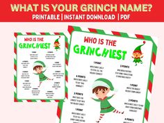 an elf is on the grinchest list with text that reads, what is your grinch name? printable instant