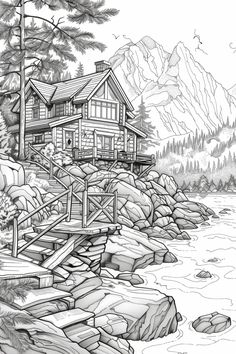 a drawing of a cabin by the water with mountains in the background and rocks on the shore