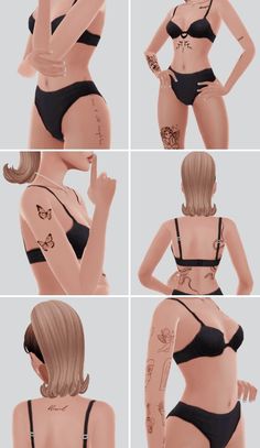 four different images of a woman with tattoos on her arms and chest, in various poses