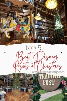 top 5 best Disney resorts at Christmas, animal Kindgom lodge Christmas tree, wilderness lodge Christmas tree, gingerbread carousel horse at beach club, settlement trading post at fort wilderness with Christmas decor Grand Floridian Disney, Disney World Hotels, Wilderness Lodge, Disney World Magic Kingdom, Grand Floridian, Disney World Planning