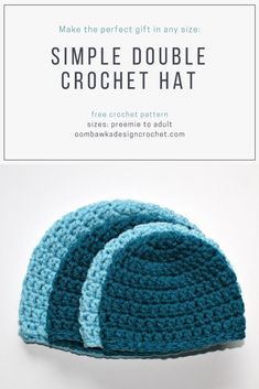 two crocheted hats with the words simple double crochet hat written below