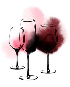 three wine glasses sitting next to each other on top of a white surface with red and black ink