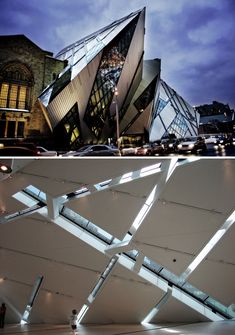 two pictures with different angles and lighting on the outside, one showing an upside down building