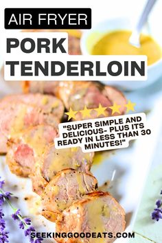 This easy air fryer pork tenderloin recipe is so simple and delicious - in 30 minutes or less! You'll love the fabulous combination of flavors, including honey, dijon mustard, garlic, lemon, and herbes de Provence - a French classic. This recipe is high protein and low carb Pork Tenderloin In Air Fryer, Tenderloin In Air Fryer, Air Fryer Pork Tenderloin, Fried Pork Tenderloin, Mustard Pork Tenderloin, Crispy Brussel Sprouts