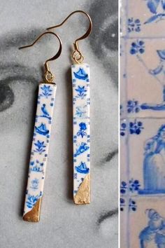 Portugal Tiles, Broken China Jewelry, Golden Earrings, China Jewelry, Blue Maxi, Gold Dipped, Ceramic Jewelry