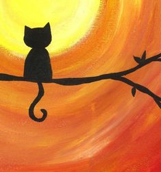 a painting of a cat sitting on a tree branch with the sun in the background