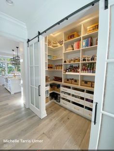 an open pantry with lots of shelves and drawers on the wall, in front of a doorway