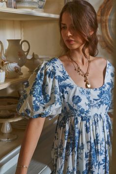 Alison Lou, Event Outfit, Blue China, The Drama, Puffed Sleeves, Maxi Dress Blue, Flowy Dress, Empire Waist