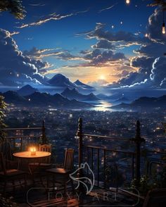 a painting of a table and chairs on a balcony overlooking the city at night time