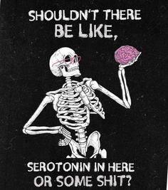 a black and white poster with a skeleton holding a pink brain