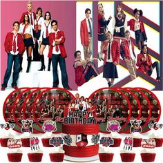 a collage of photos with people in red and white outfits, including cupcakes