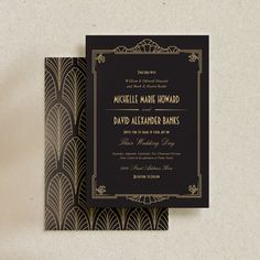 a black and gold art deco wedding card