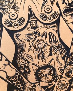 an ink drawing of cats and birds with flowers on the chest, in black and white